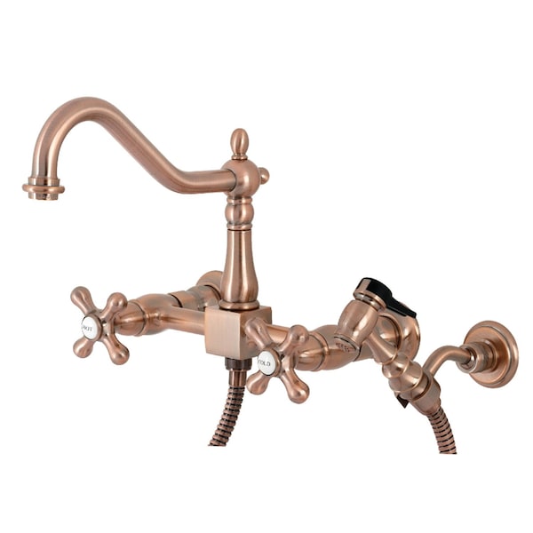 Heritage 2-Handle Wall Mnt Bridge Kitchen Faucet W/Brass Sprayer, Cppr